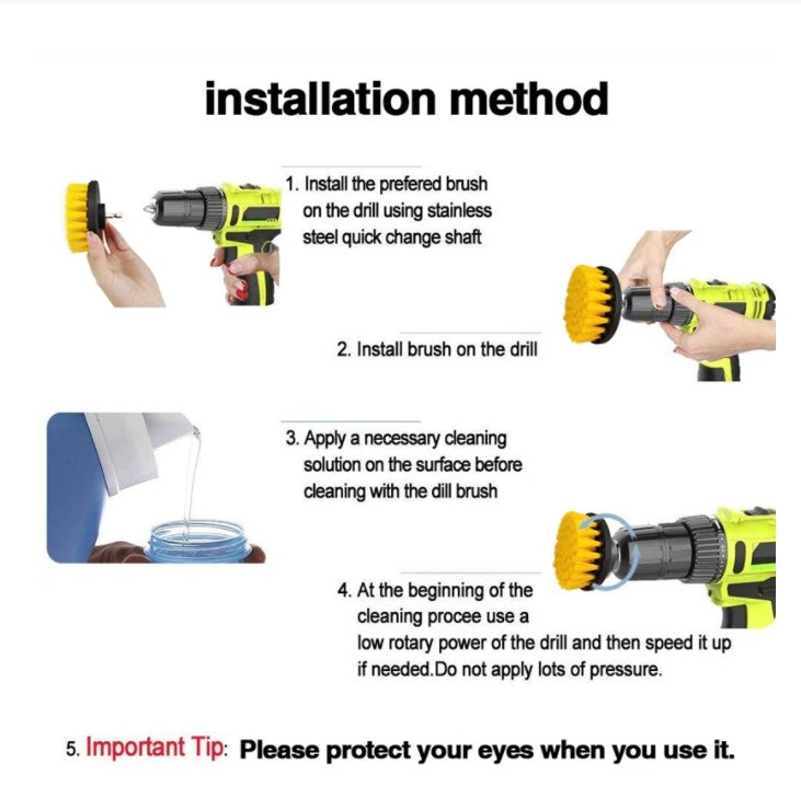 Drill brush attachment with yellow bristles and stainless steel quick-change shaft