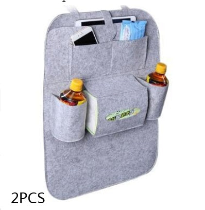Light gray car seat organizer with front pockets and two bottle holder sleeves