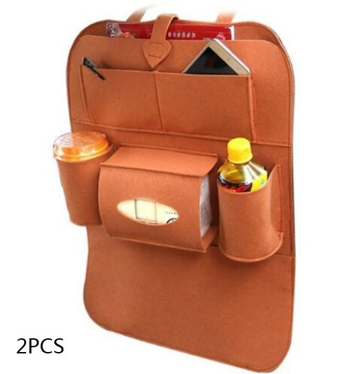 Brown car seat organizer bag with front compartments and two side bottle sleeves