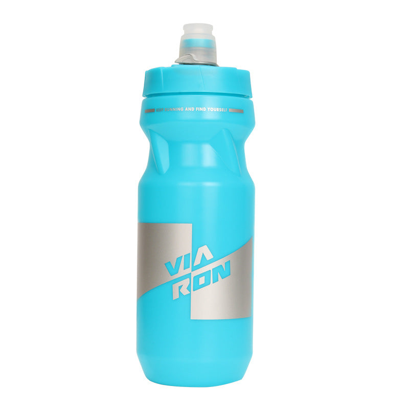 Turquoise outdoor sports water bottle with screw cap and Via Run logo label