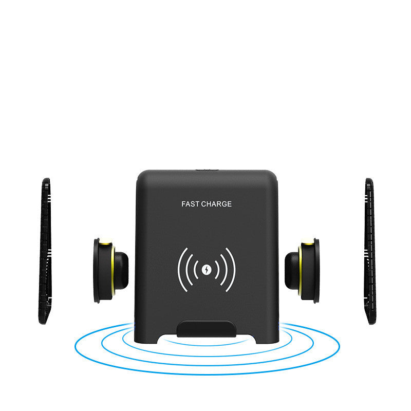 Small black wireless subwoofer speaker with charging symbol and two side speaker pads