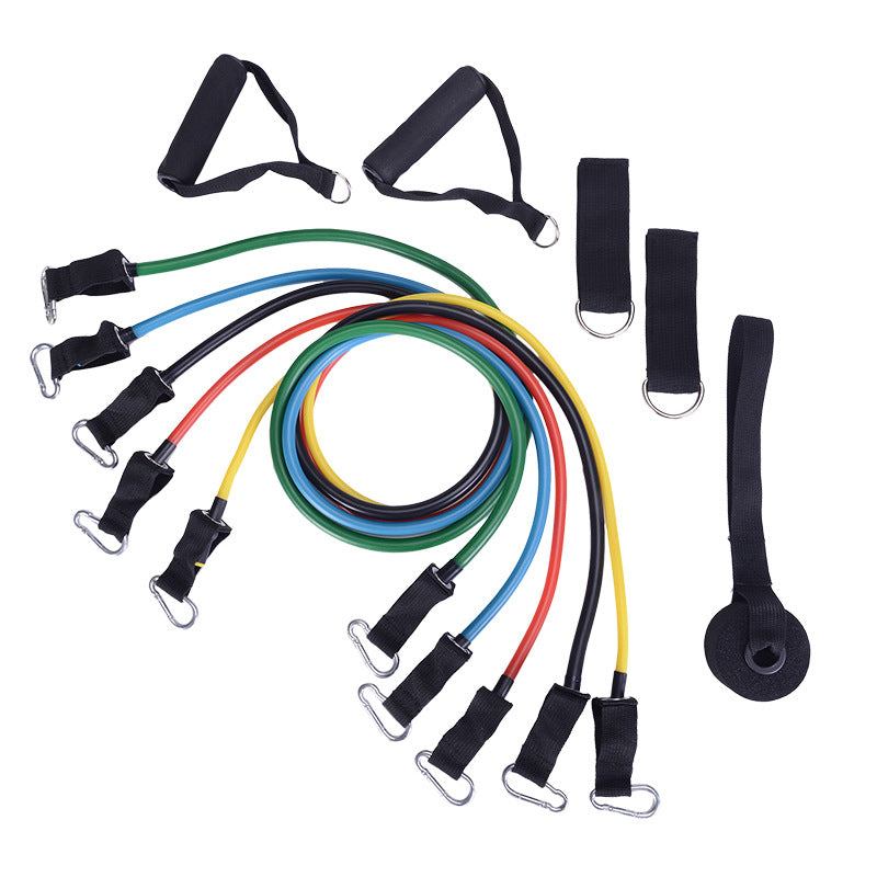 Portable fitness rally resistance band set with multicolor elastic loops and black carabiner clips