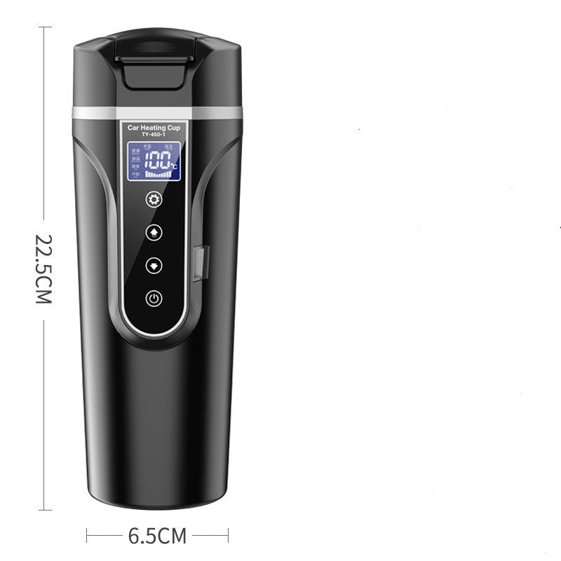 Black heated car cup with digital display and height measurement markings