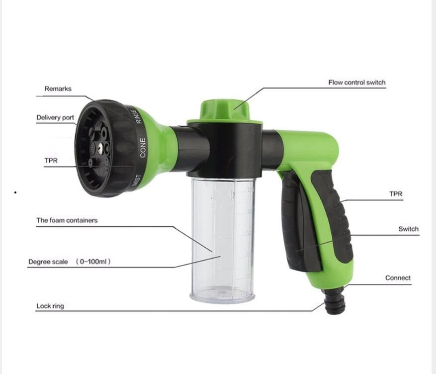 Green foam spray gun with clear foam container and control switch details