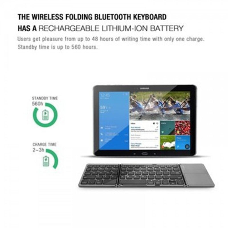 Folding Bluetooth keyboard with built-in touchpad, dark finish shown folded