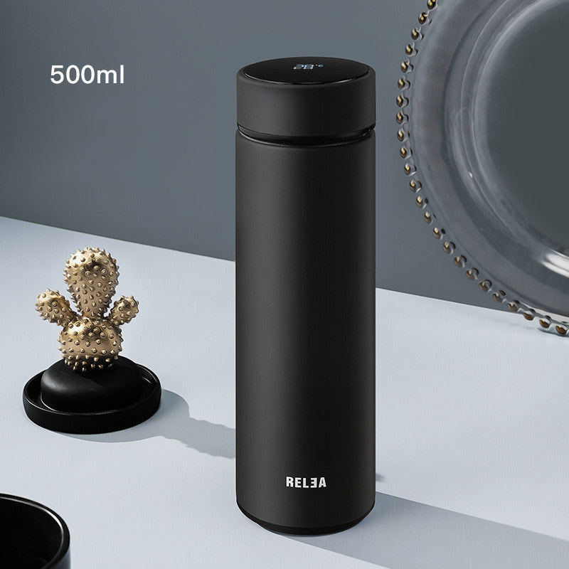 Insulated LCD water bottle, 500 ml, matte black with top temperature screen