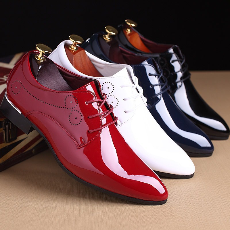 Men’s leather dress shoes set in red, white, and dark blue, lace-up style