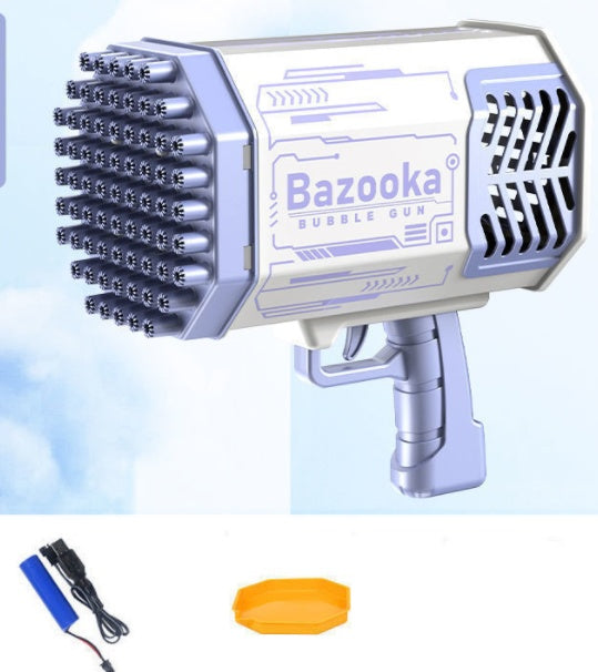 Light blue bubble gun toy with 69-hole barrel and front vent grille