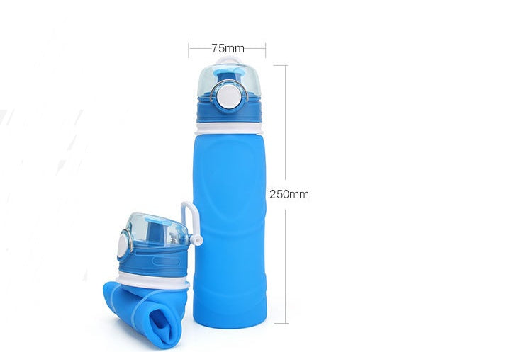 Blue folding silicone water bottle with flip-top cap and foldable base cup