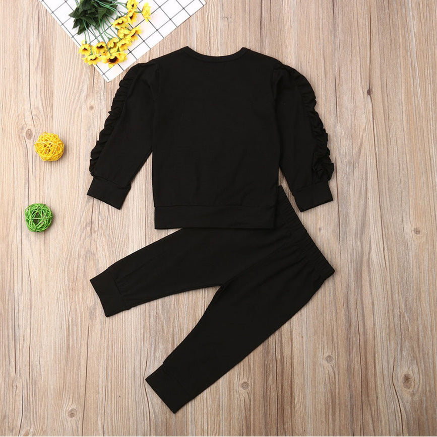 Newborn black ruffle-sleeve sweatshirt and matching pants 2-piece set