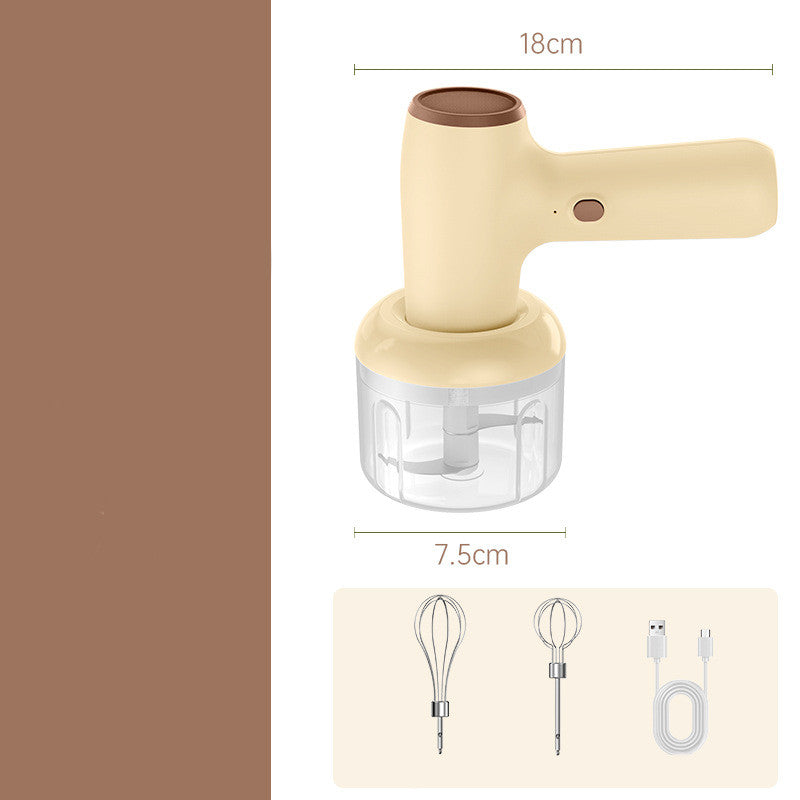 Beige electric chopper with dimensions, whisk beaters, and USB cable