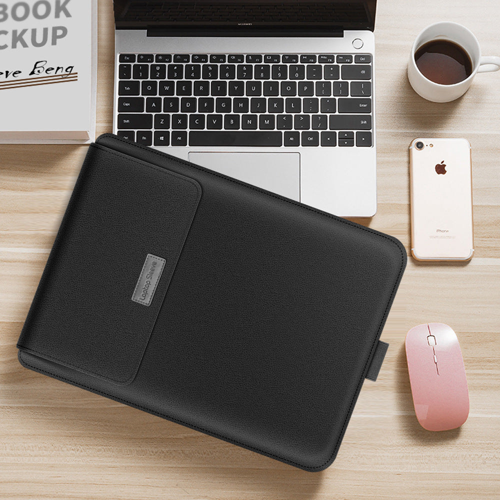 Black laptop sleeve case with front flap pocket and stitched panel