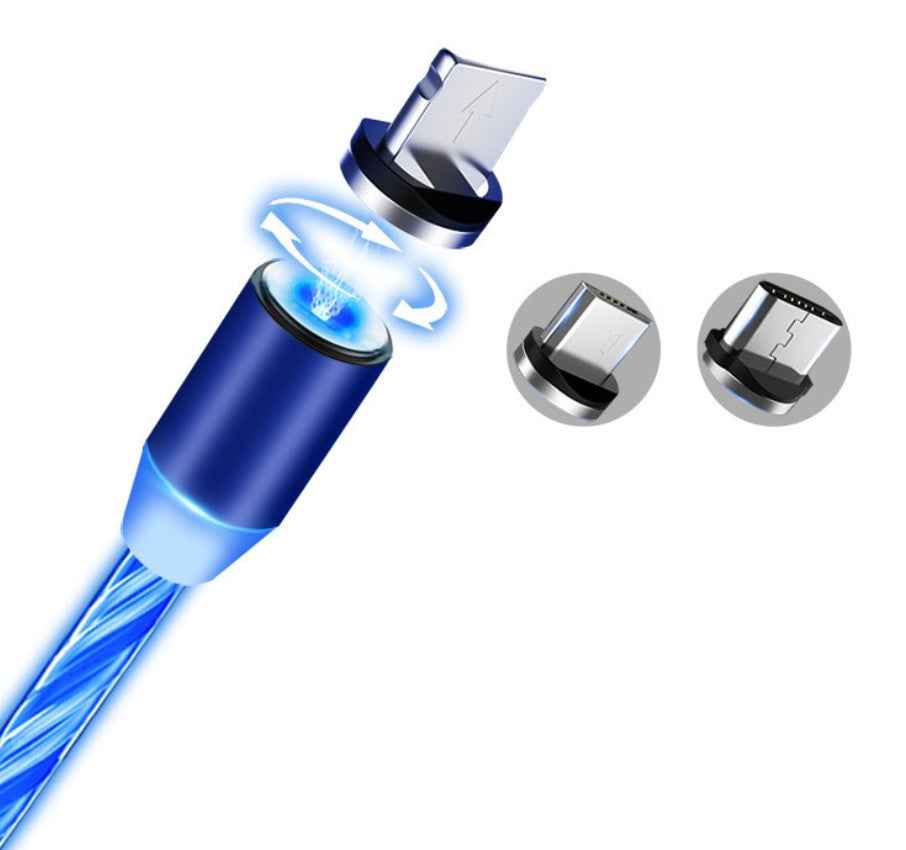 Blue braided magnetic charging cable with USB connector and adapter tips