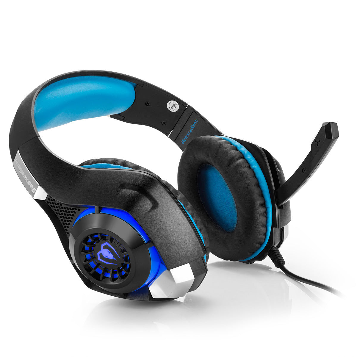 Gaming headphones with blue LED ear cup lights and padded over-ear design
