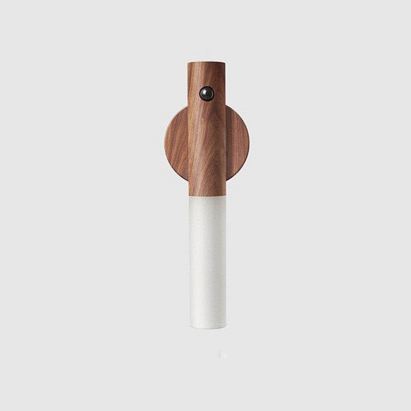 Walnut wooden wireless night light with circular head and black PIR sensor, white body