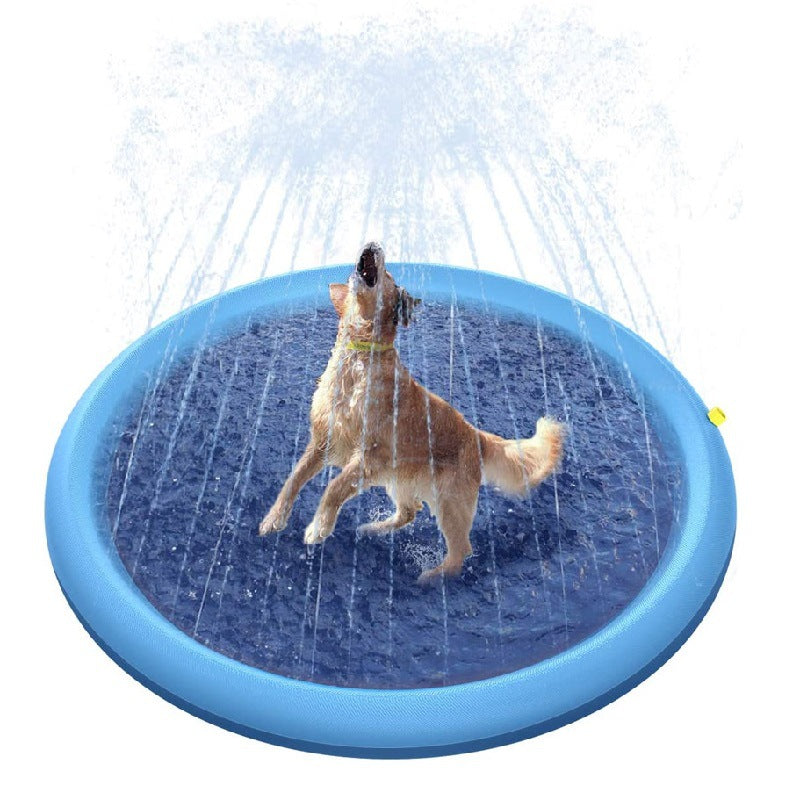 Blue round splash pad with water spray, dog running through shallow pool