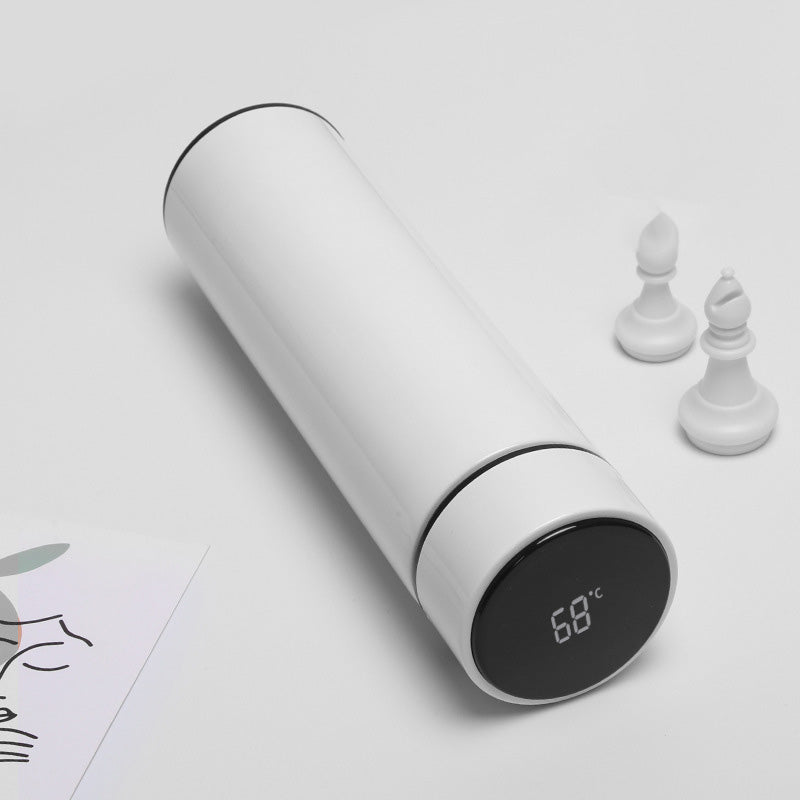 Stainless steel insulated bottle with temperature display, silver body and black screen