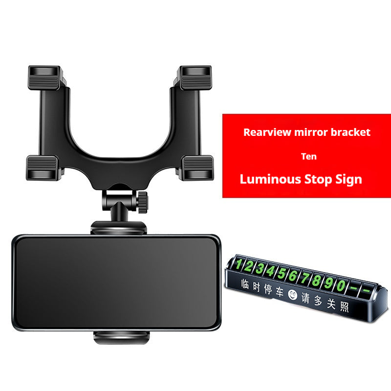 Black clip-on rearview mirror phone holder with LED stop sign strip