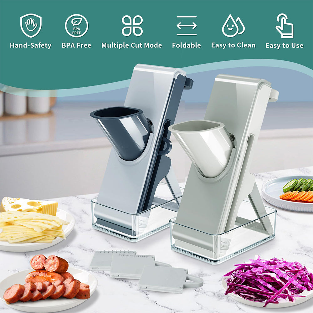 Adjustable mandoline food slicer with blue insert and white base on clear stand