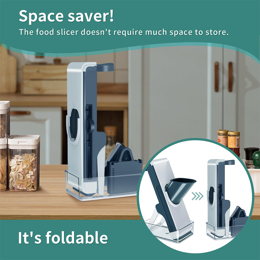 Foldable mandoline food slicer with blue blade housing and white frame on stand