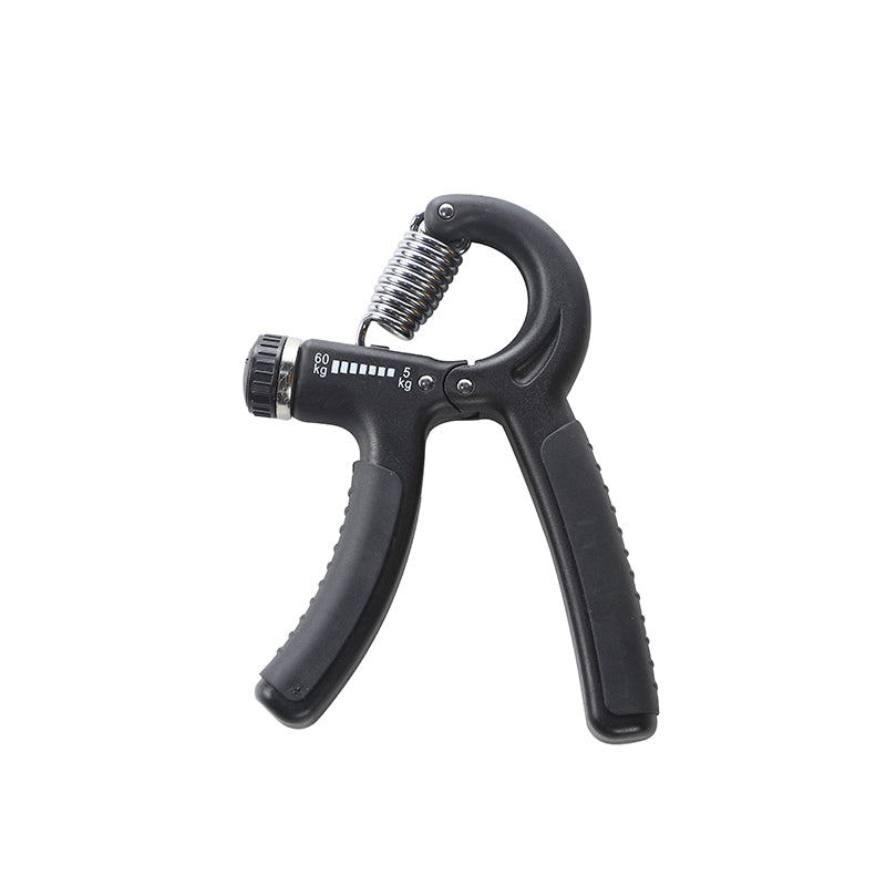 Black hand grip finger exerciser with silver spring and textured handles