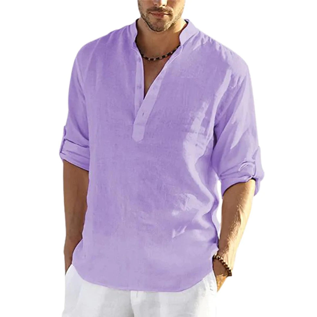 Men's casual long sleeve stand-collar shirt in lavender purple, loose fit