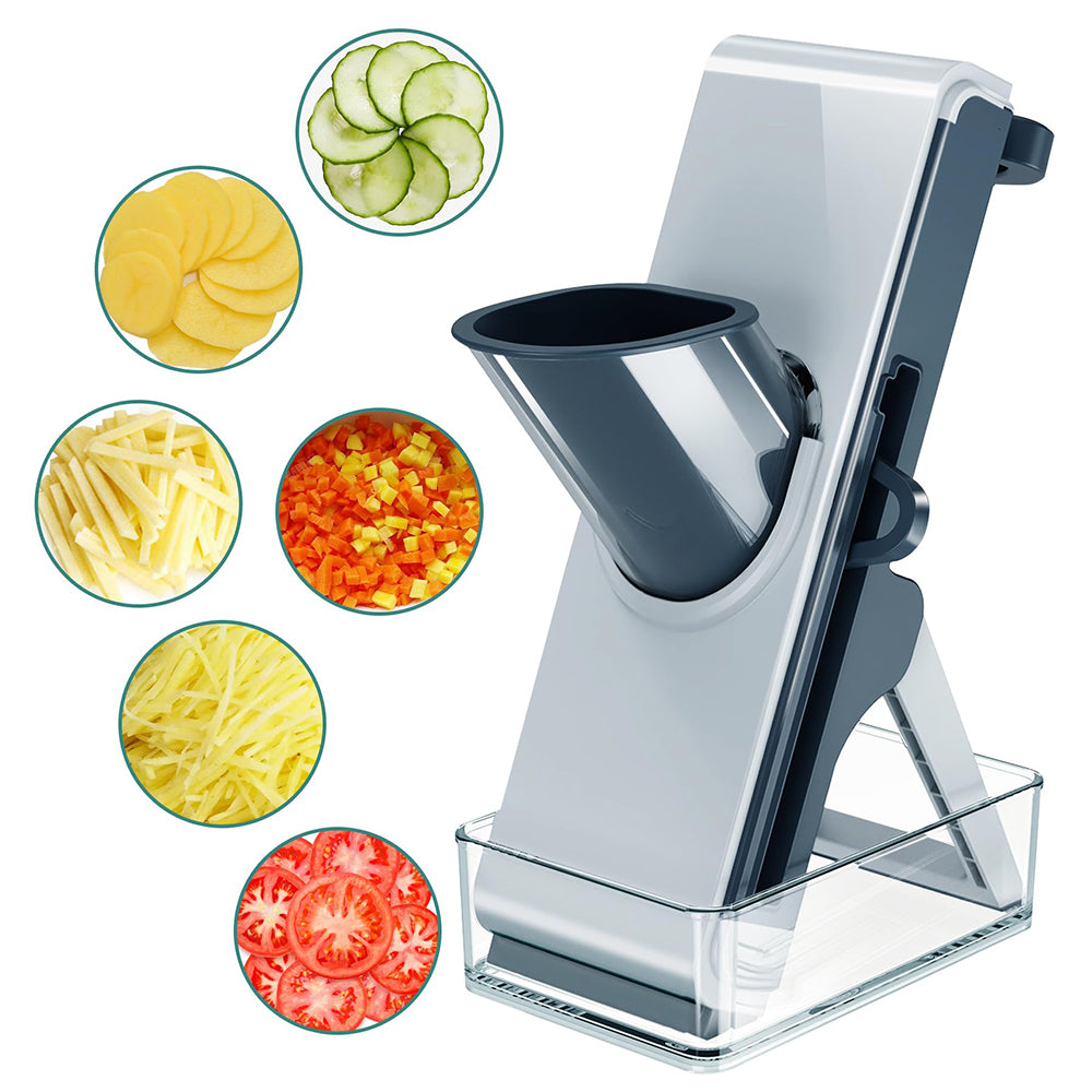 White and blue mandoline food slicer with black feed tray and sliced vegetable icons