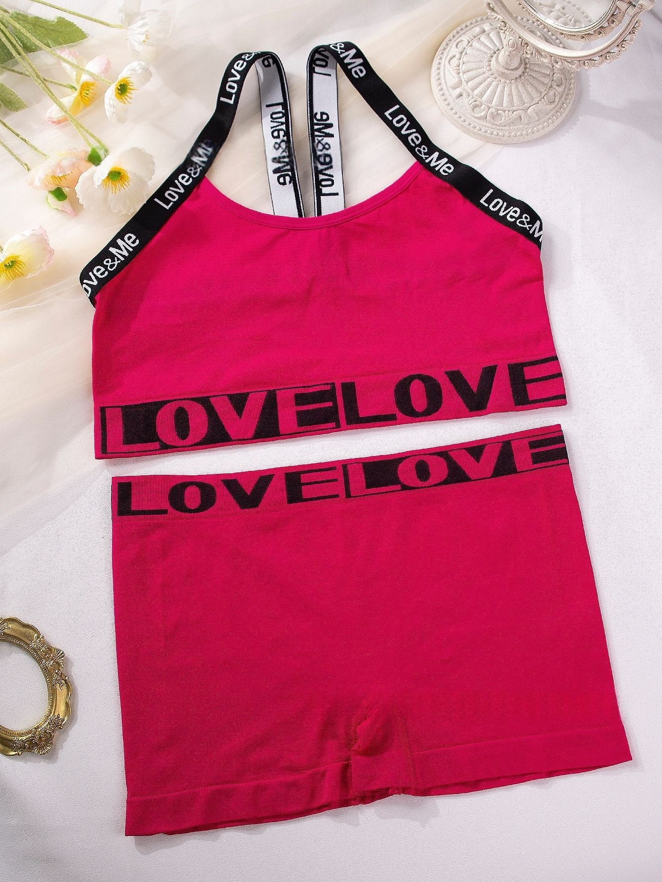 Camisole bra set in rose pink with LOVE LOVE letter band and matching shorts