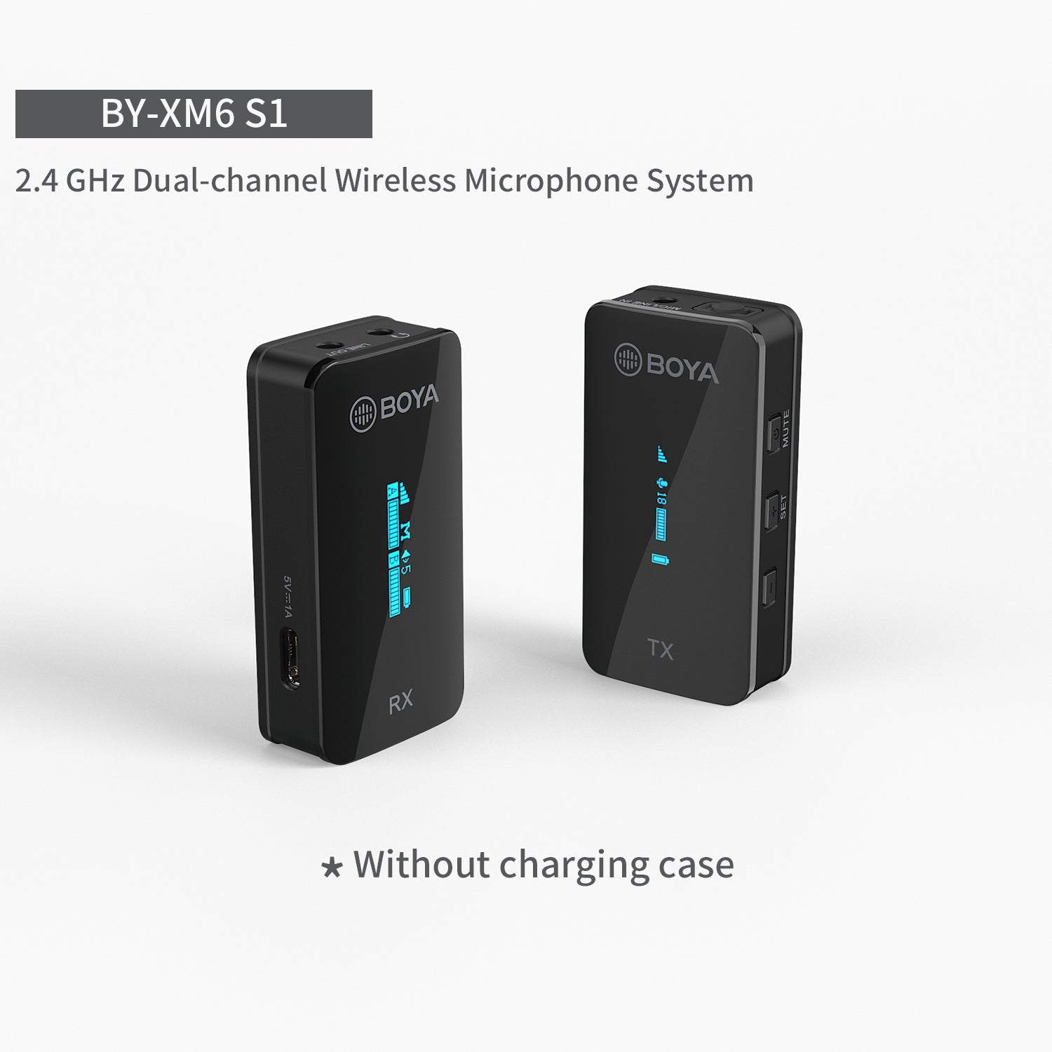 Black dual-channel wireless microphone transmit and receive units