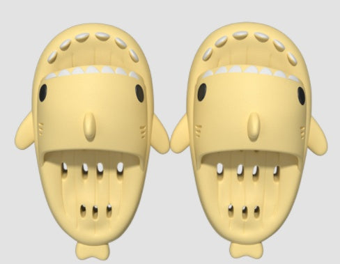Shark EVA shower slides with drain holes, light yellow cartoon design