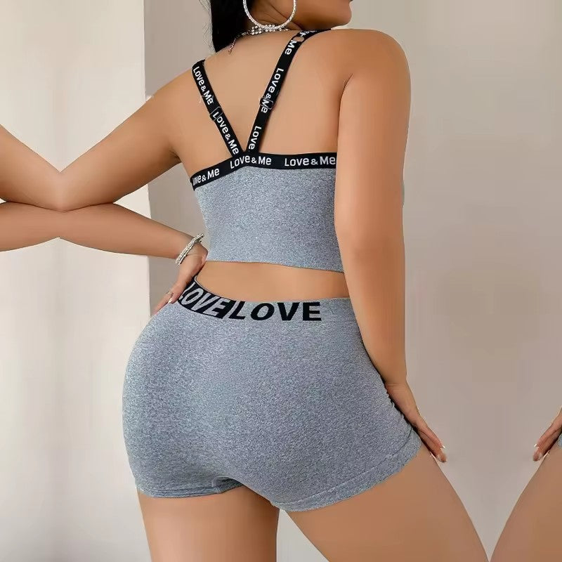 Camisole bra set in gray with LOVE LOVE strap lettering and matching shorts