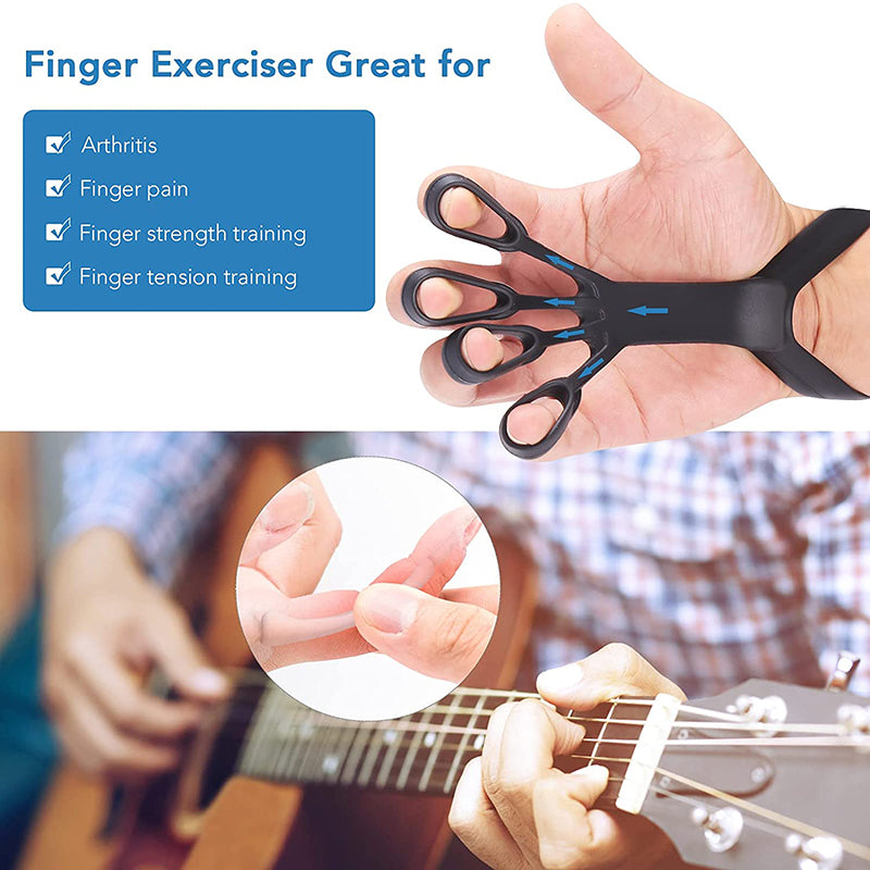 Black silicone finger exerciser stretcher with loop rings on hand for finger training
