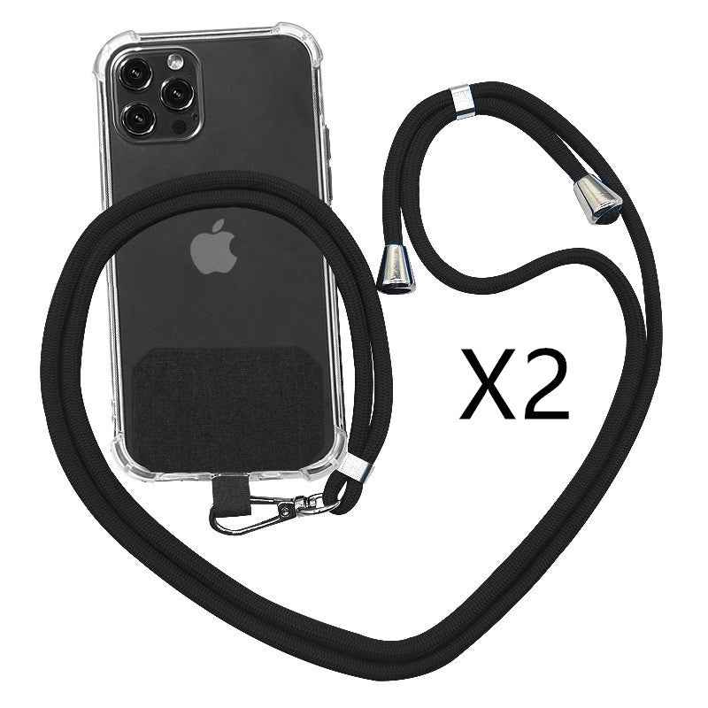 Cell phone strap lanyard with black soft rope and metal clamps, shown with phone case