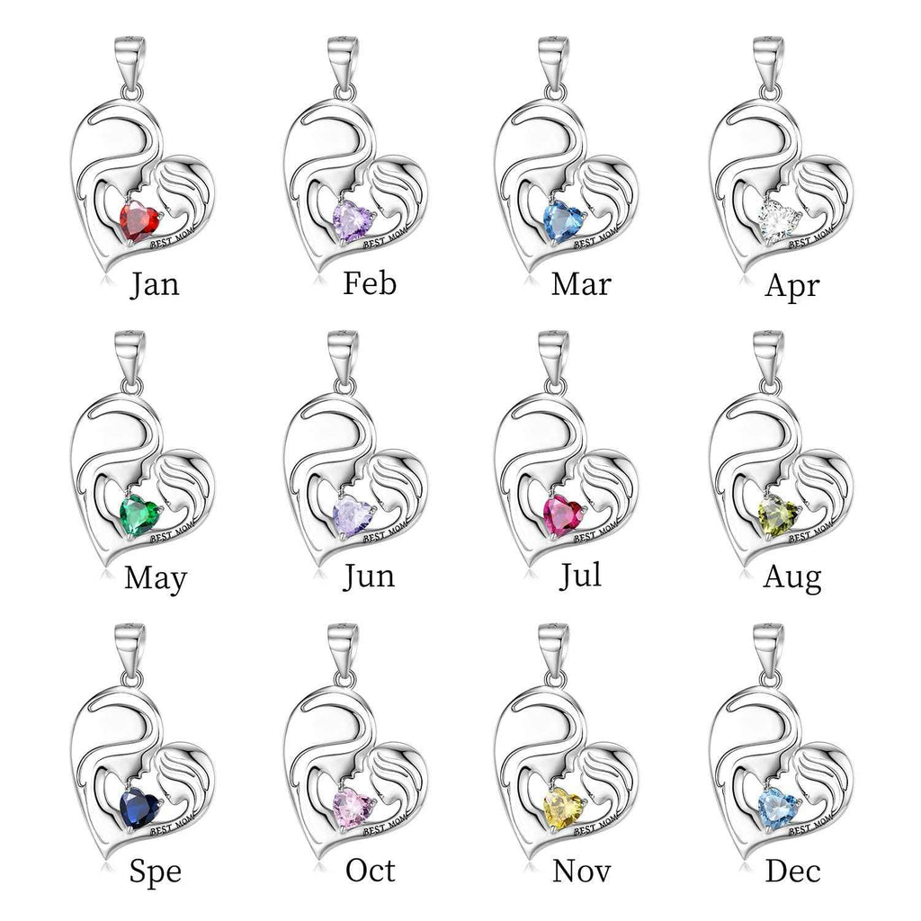 S925 sterling silver heart mother pendant necklace set with month birthstone charms