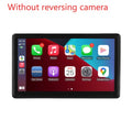Car smart screen display showing app icons on red menu background