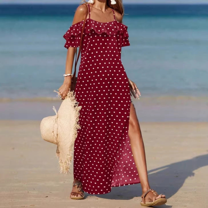Off-shoulder long polka dot dress in wine red with ruffled sleeves and side slit