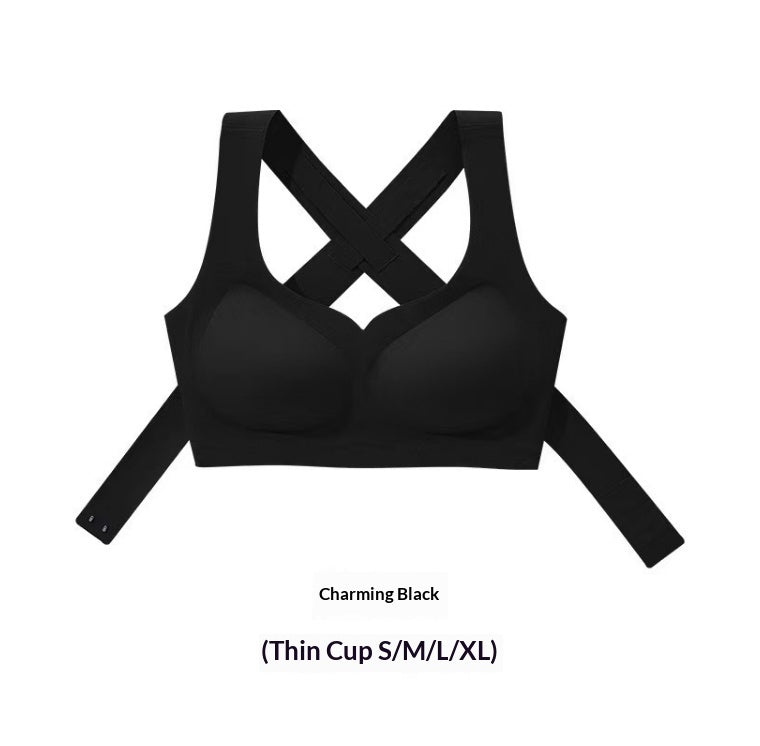 Black front-closure posture bra with crisscross back straps and molded cups