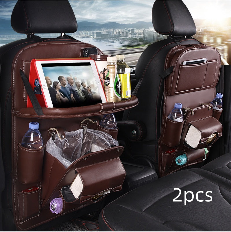 PU leather car seat back storage organizers, wine red 2pcs with tray front and bottle holders