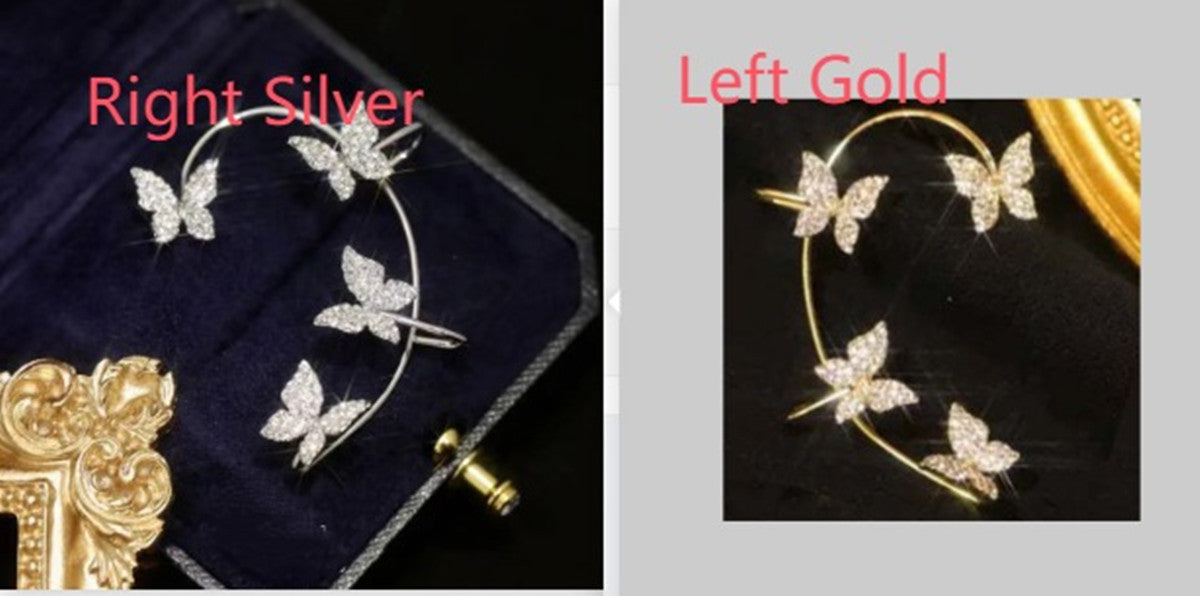 Butterfly ear hook and clip earrings, silver and gold butterfly charms in set