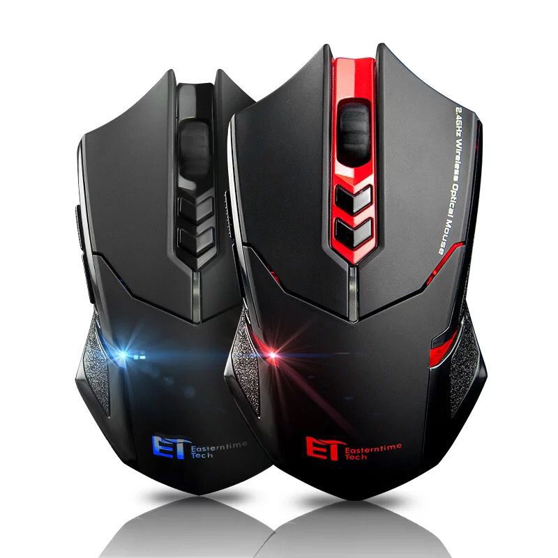 Black wireless gaming mouse with red LED side accents and glowing logo