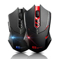 Black wireless gaming mouse with red top light bar and illuminated side emblem