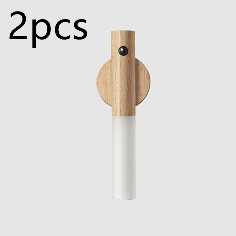 Wood and white magnetic LED night light with circular sensor on top, 2-pack