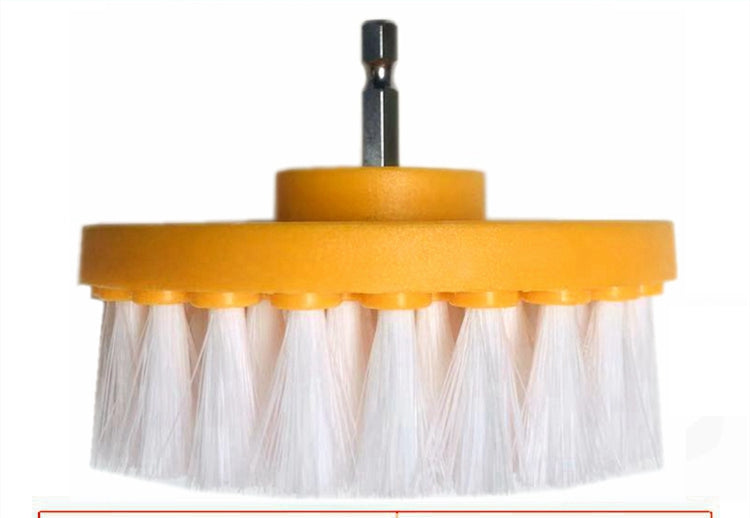 Electric drill cleaning brush head with yellow base and white bristles