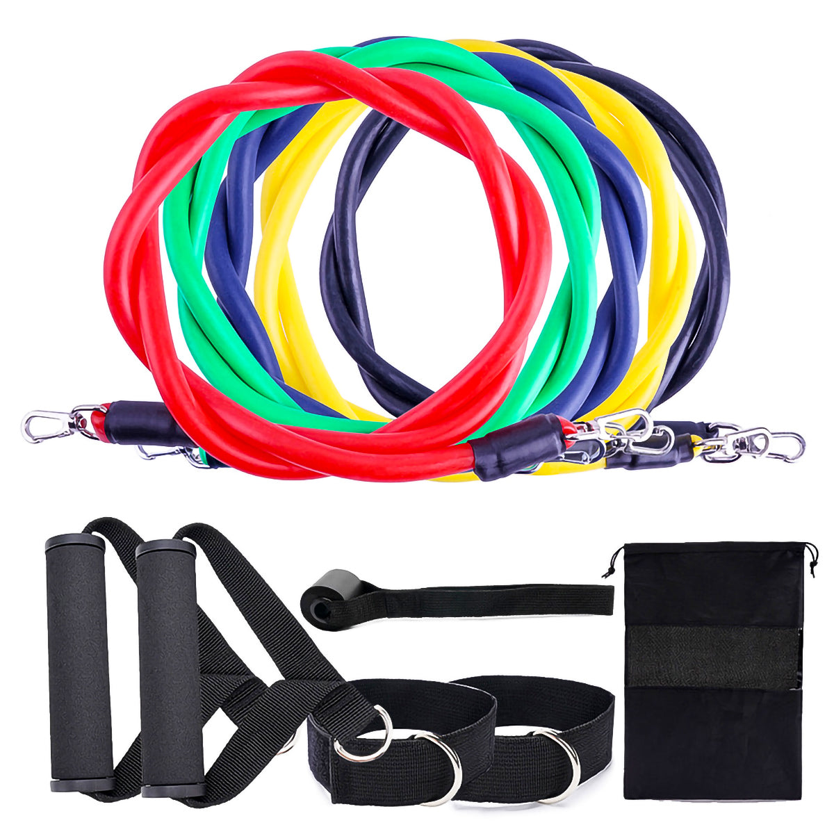 Multicolor resistance rope bands with metal hooks, ankle straps, and carrying pouch