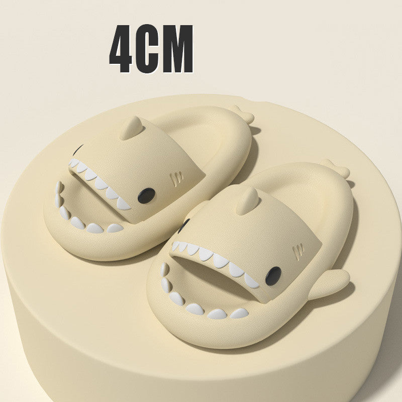 Cartoon shark slippers in beige with thick sole, open-toe slip-on shark face