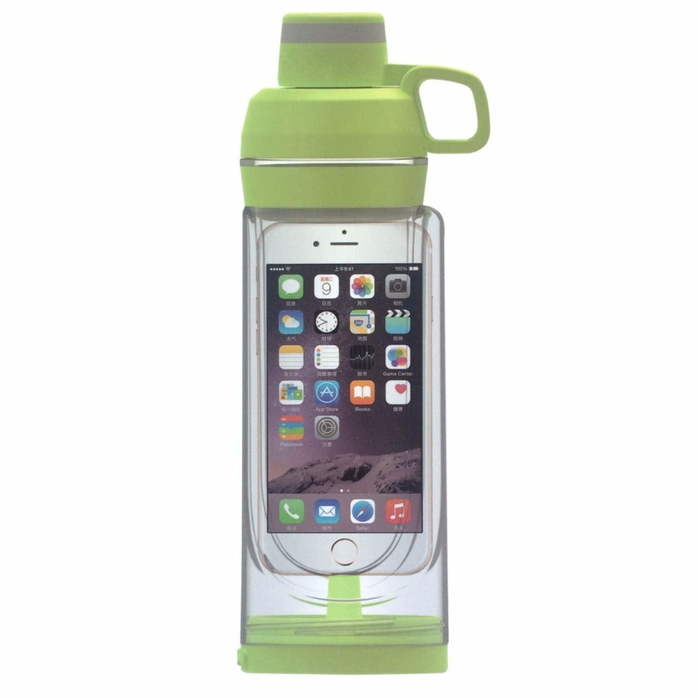 Green waterproof water bottle phone pouch with clear window and carrying handle