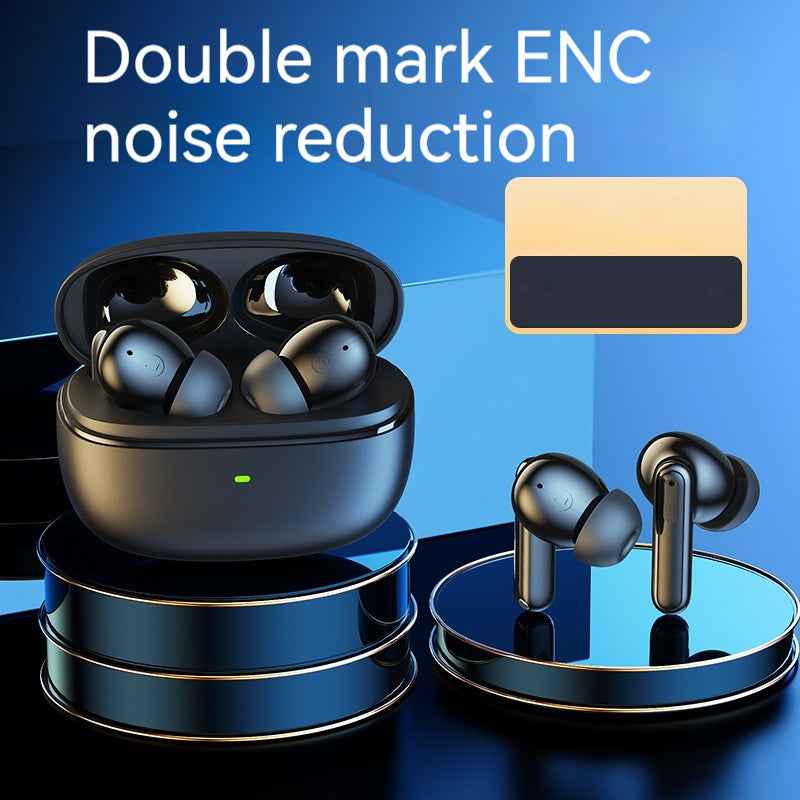 Black wireless Bluetooth in-ear headphones with noise reduction case, two earbuds