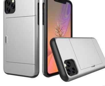 Silver-tone phone card case with flip front card holder on a phone