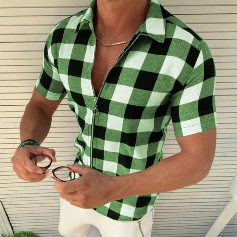 Men's plaid short-sleeve zip shirt in green and white
