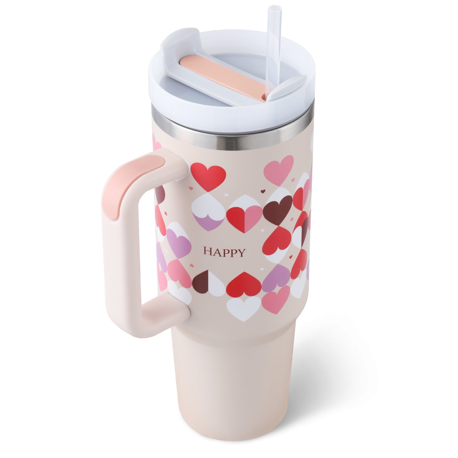 Insulated tumbler with handle, white heart pattern, straw and lidded top.